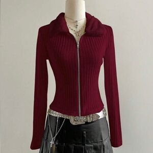 SHEIN Burgundy Ribbed Cardigan with Zipper